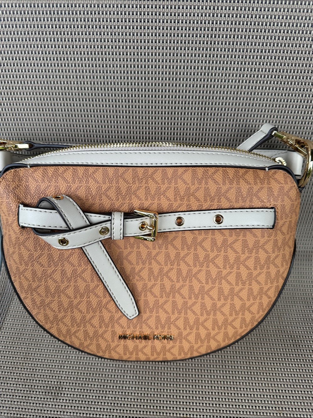 Michael Kors Tan and White Signature Saddle Crossbody Bag
